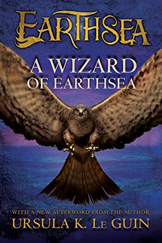 The fantasy book cover for "A Wizard of Earthsea" features a hawk with outstretched wings and curly fantasy script for the title.